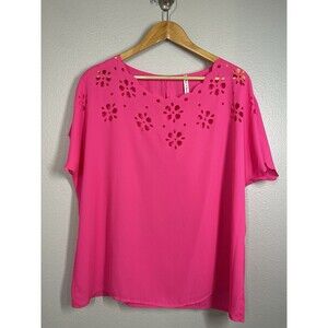 Now & Forever Hot Pink‎ Short Sleeve Blouse With Cut Out Flowers Womens Size L